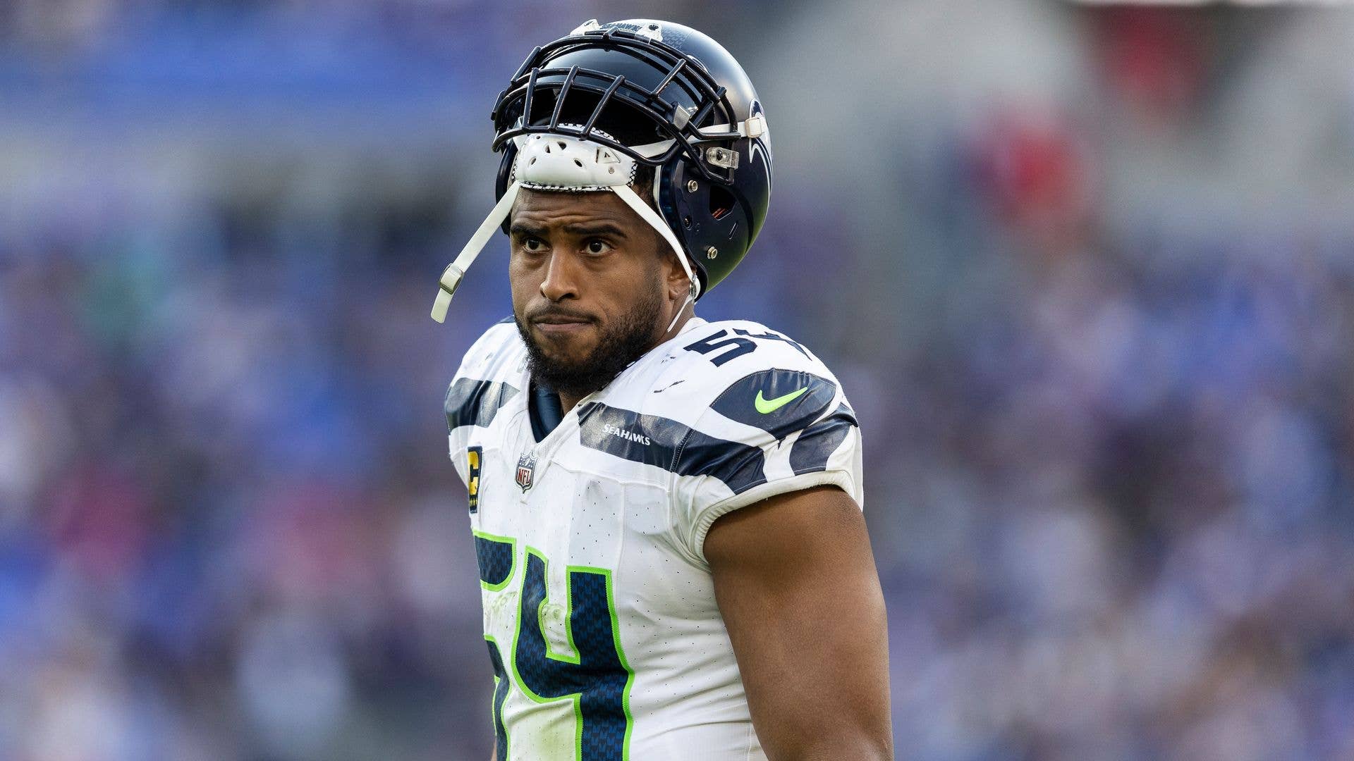 BALTIMORE, MARYLAND - NOVEMBER 05: Bobby Wagner #54 of the Seattle Seahawks looks on during an NFL football game between the Baltimore Ravens and the Seattle Seahawks at M&amp;T Bank Stadium on November 05, 2023 in Baltimore, Maryland. (Photo by Michael Owens/Getty Images)