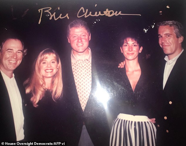 Singer Jimmy Buffet, and his wife, Jane Slagsvol, Bill Clinton, Ghislaine Maxwell, and Jeffrey Epstein in a photo released among the Epstein files