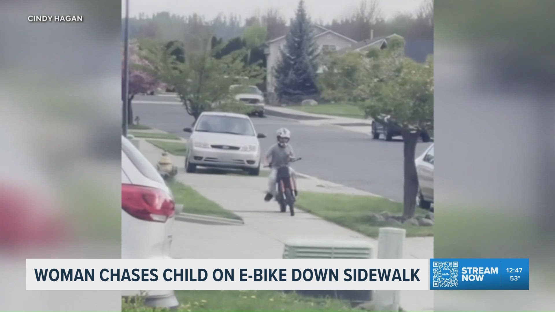 Woman chases child riding e-bike down sidewalk in Washington