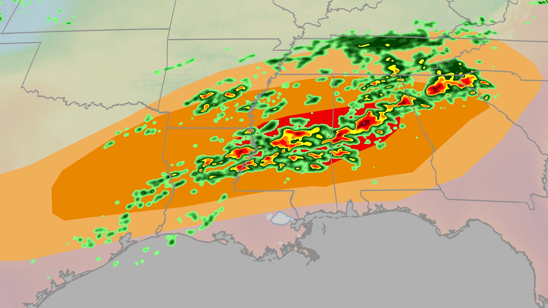 Wednesday severe threat increasing across Gulf, Southeast