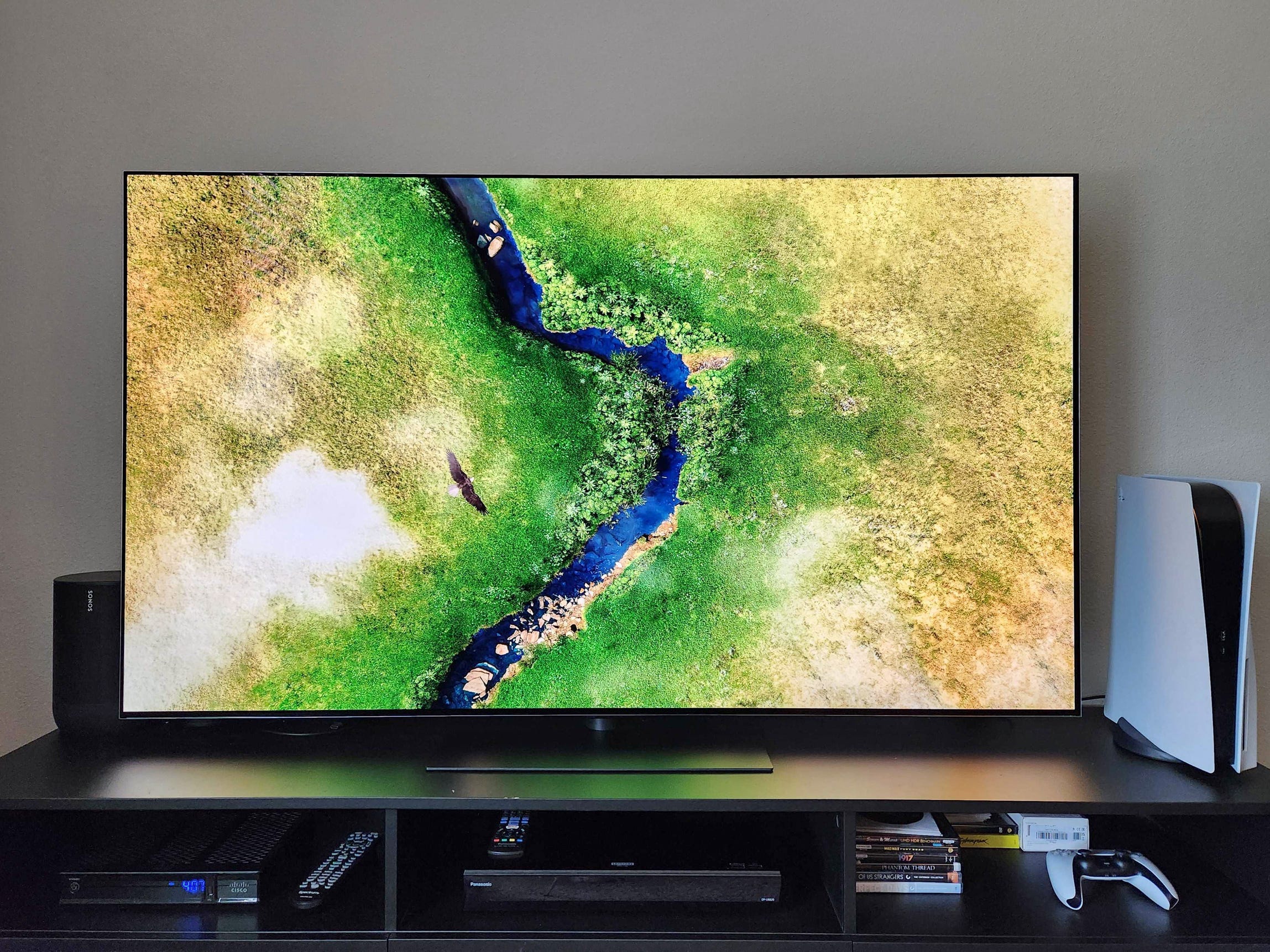 An LG G5 OLED TV is on a media console, and the screen displays an image of an eagle flying over a river.
