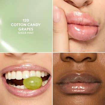 Lip gloss ad with two close-up images of lips and one of a person holding a grape in their teeth. Text reads: