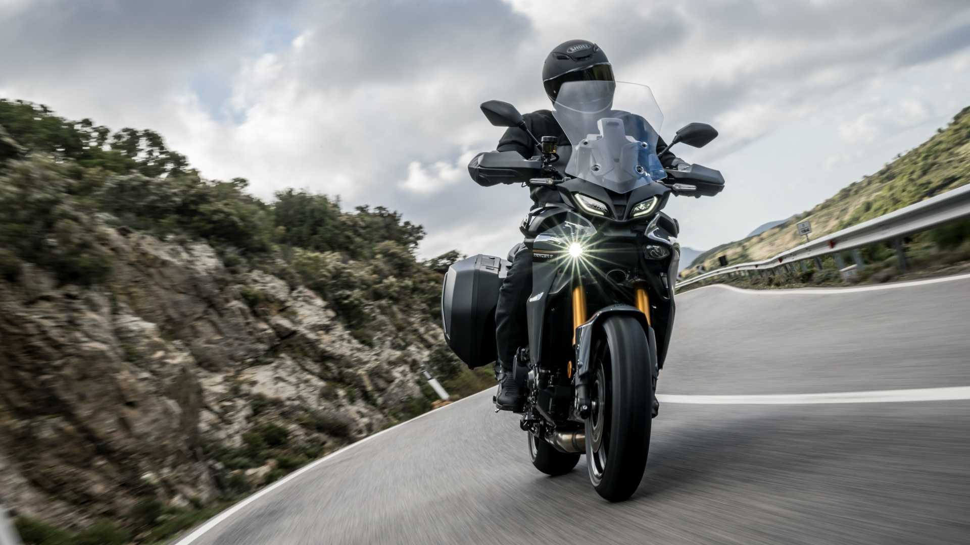 An action front shot of a 2023 Yamaha Tracer 9 GT+