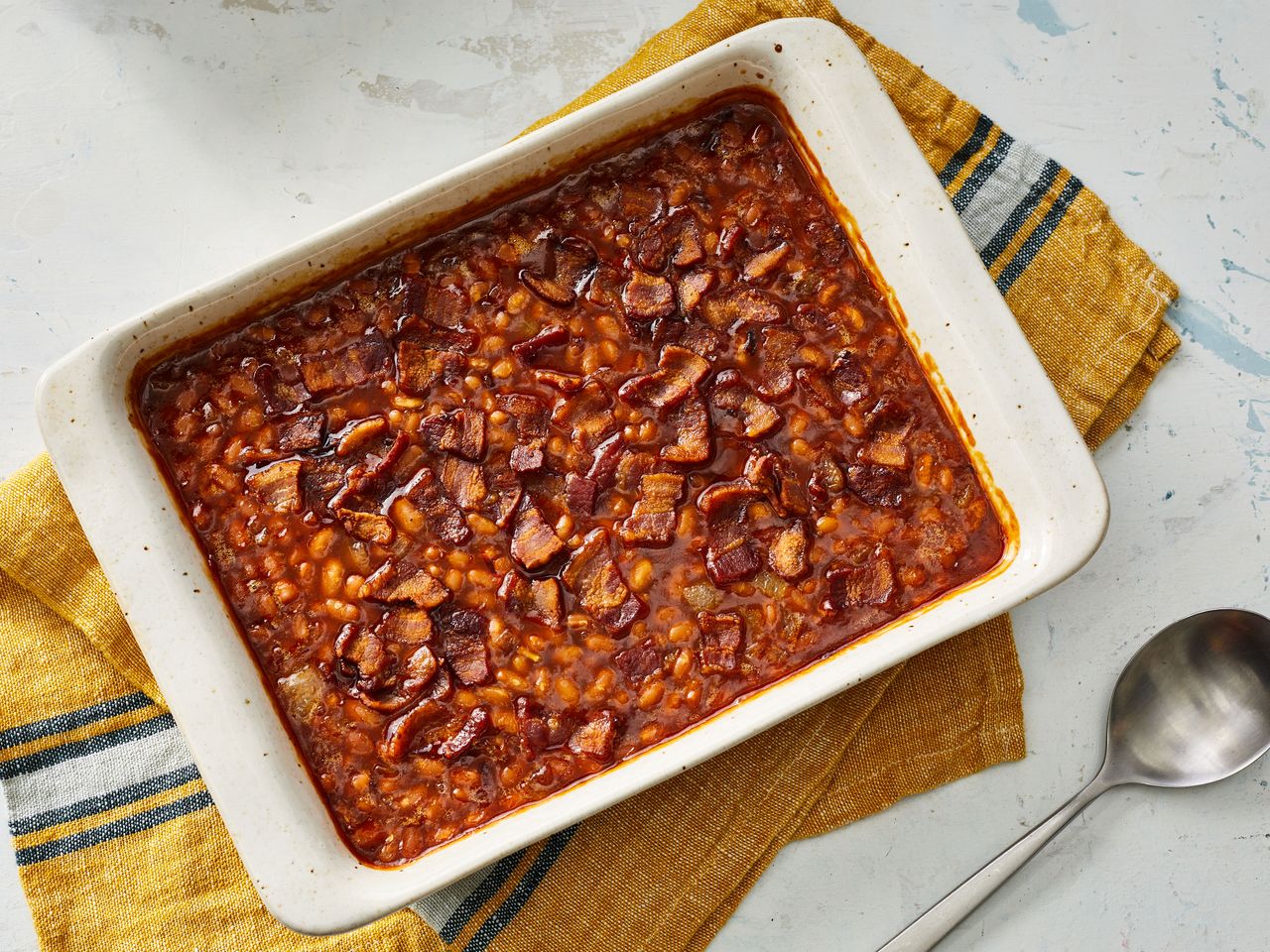 Southern Living Homemade Baked Beans in the dish ready to serve