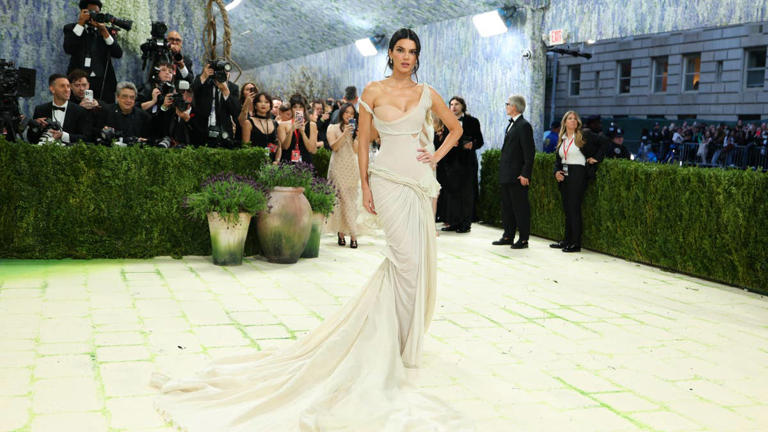 sachin and babi light blue dress Kendall Jenner sizzles in a daring sheer dress featuring a ruched bodice  and high slit at the L'Oréal Paris “You're Worth It” fashion show in 2025.  follow us for more @moviesandcelebsig #kendalljenner # main image 1