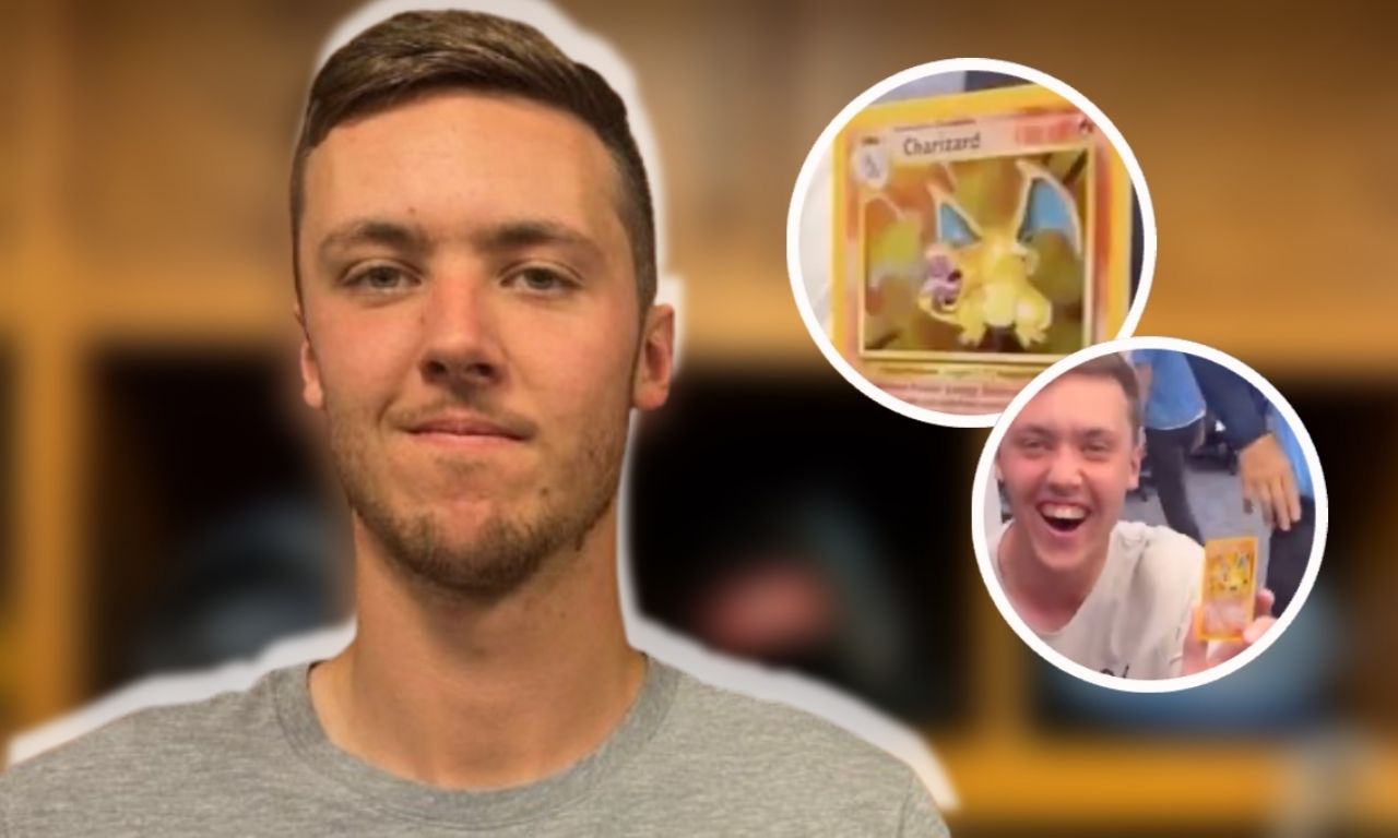 Estrella de beisbol profesional saca una carta Pokémon de Charizard que ...