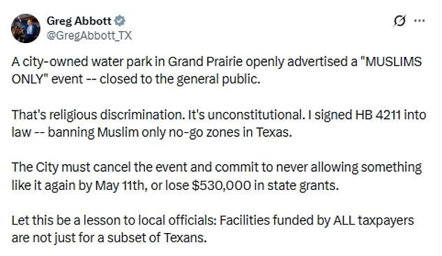 Texas water park ditches 'Muslims-only' day after Abbott threatens to ...