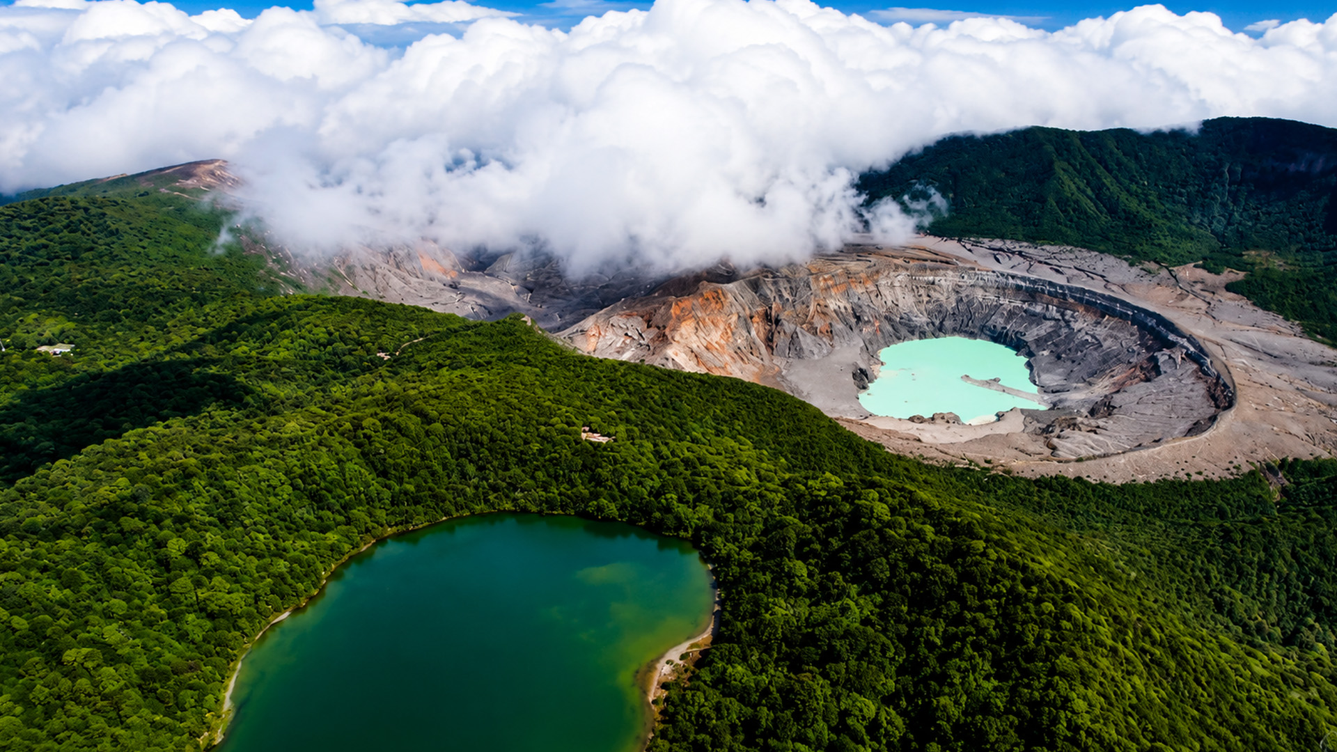 Two lakes formed inside an active volcano