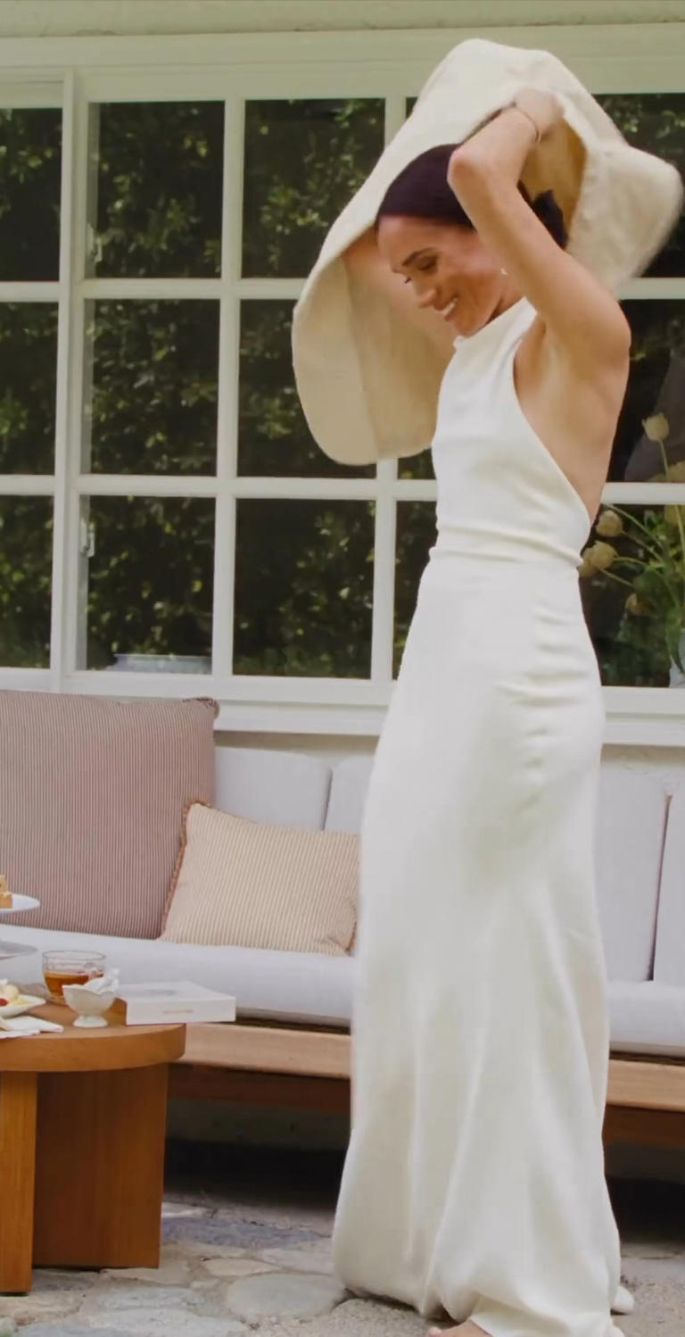 meghan markle backless dress Simple A-Line Deep V Neck Backless Ruched Sleeveless Satin Wedding Dre –  VOS LEE main image 1