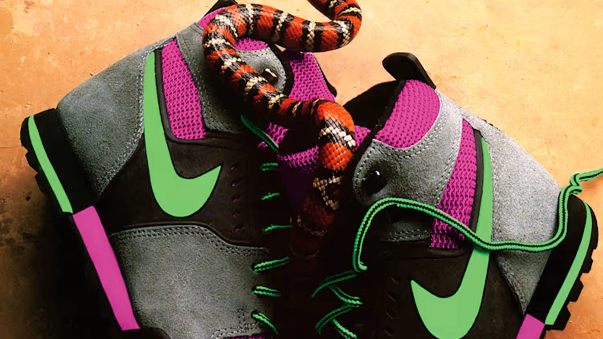 Pair of gray and purple Nike sneakers with green swooshes and laces, with a red and black snake coiled on them.
