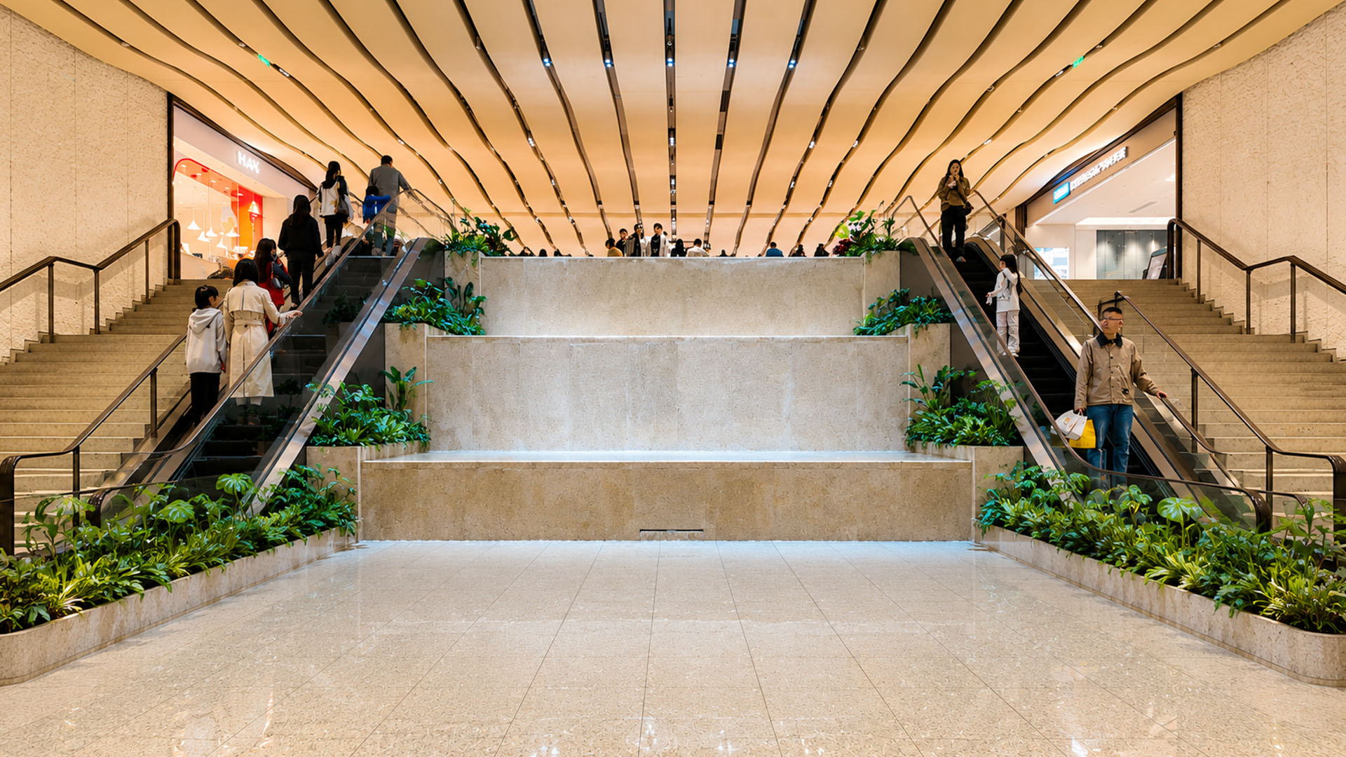 Inside a modern mall designed with water features and open spaces