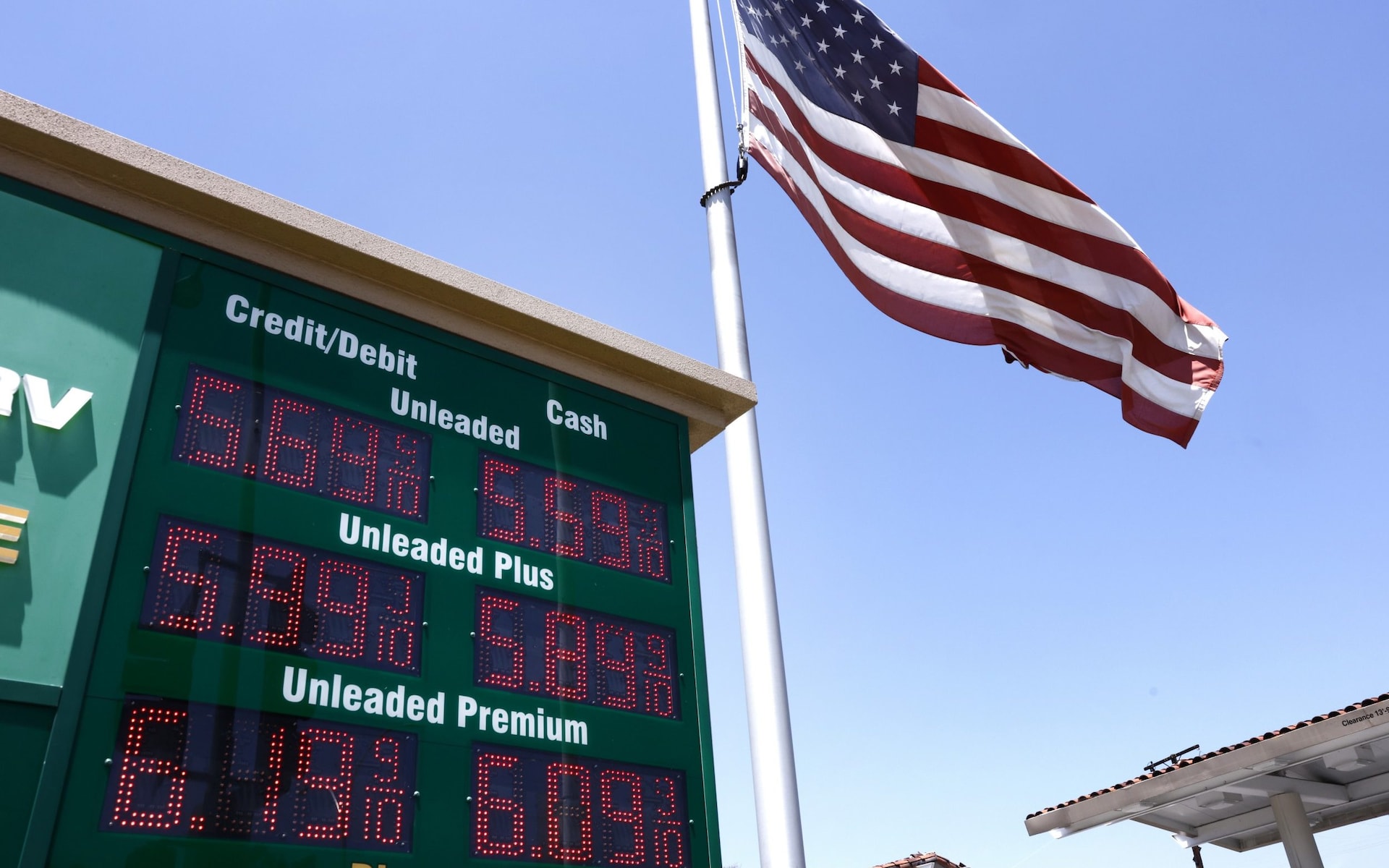 An American flag at a gas station in Arcadia, California