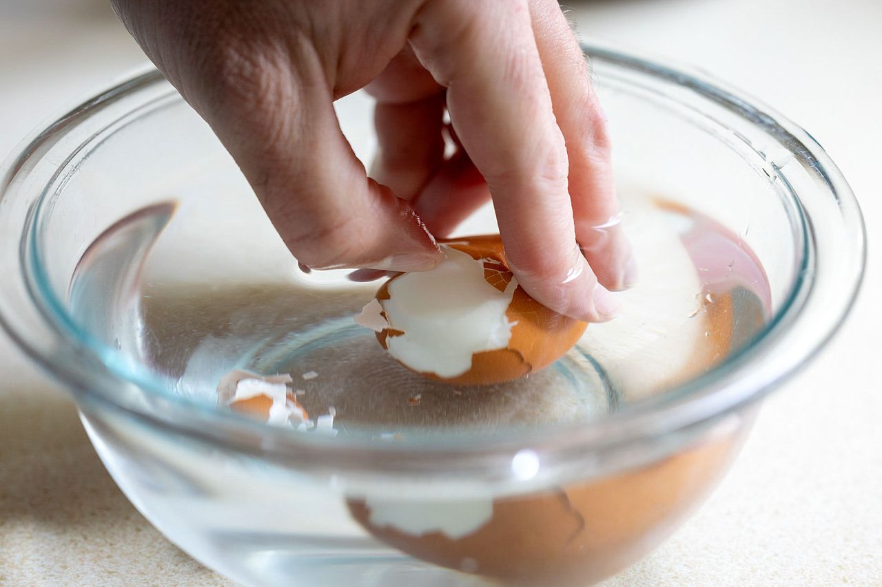 Peeling eggs in a bowl of water