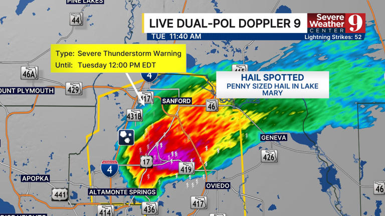 Severe thunderstorm warning issued for most of Seminole County