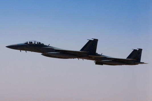 FILE PHOTO: A Saudi fighter jet accompanies Air Force One, carrying U.S. President Donald Trump, on approach to the King Khalid International Airport in Riyadh, Saudi Arabia, May 13, 2025. REUTERS/Brian Snyder/File Photo