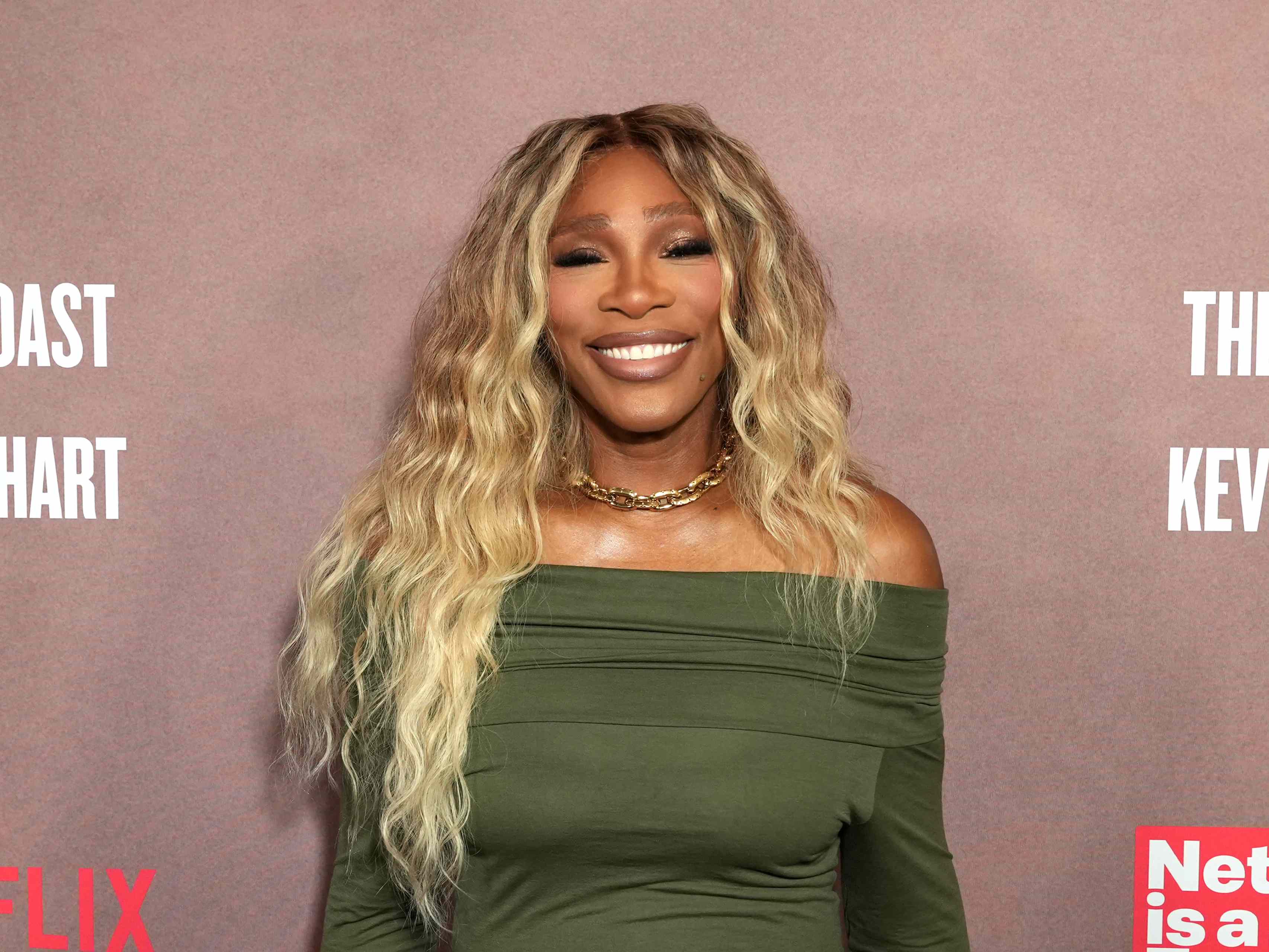 Serena Williams rocks an off-the-shoulder, olive bodycon dress with beachy  waves and gold accents