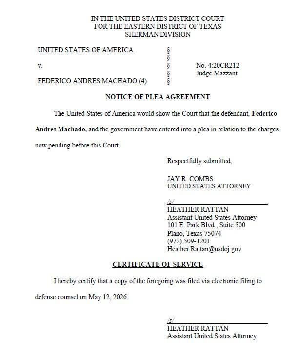 Notificación del acuerdo entre la fiscalía del distrito Este de Texas y Federico Machado, presentado ante el juzgado federal de Sherman.