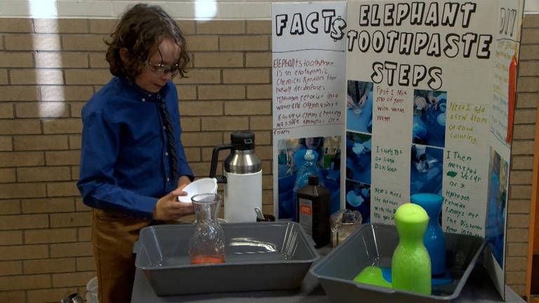 Elementary school students show off experiments at science fair
