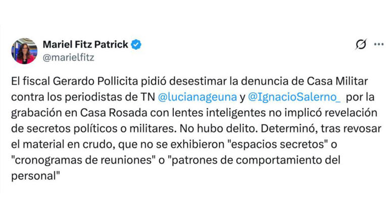 El posteo de la periodista Mariel Fitz Patrick anunciando la medida del fiscal Pollicita