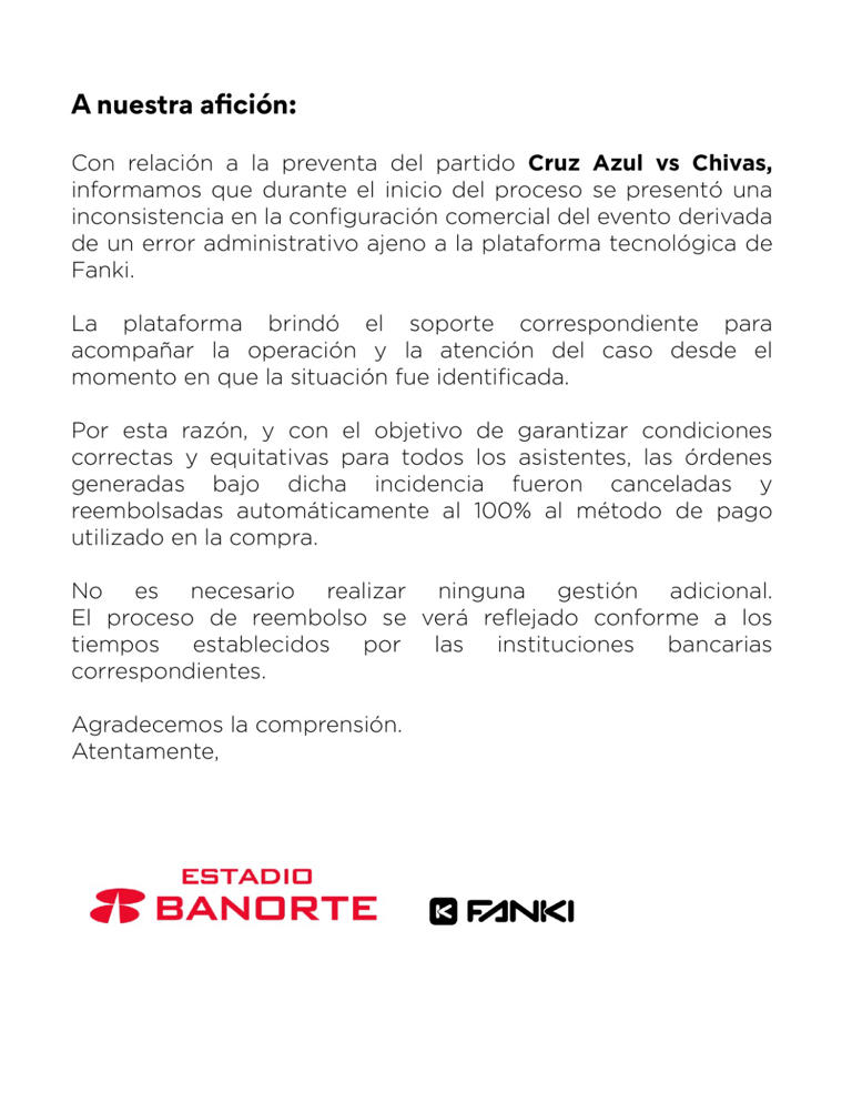 Estadio Banorte dice que boletos a 113 pesos para el Cruz Azul vs ...