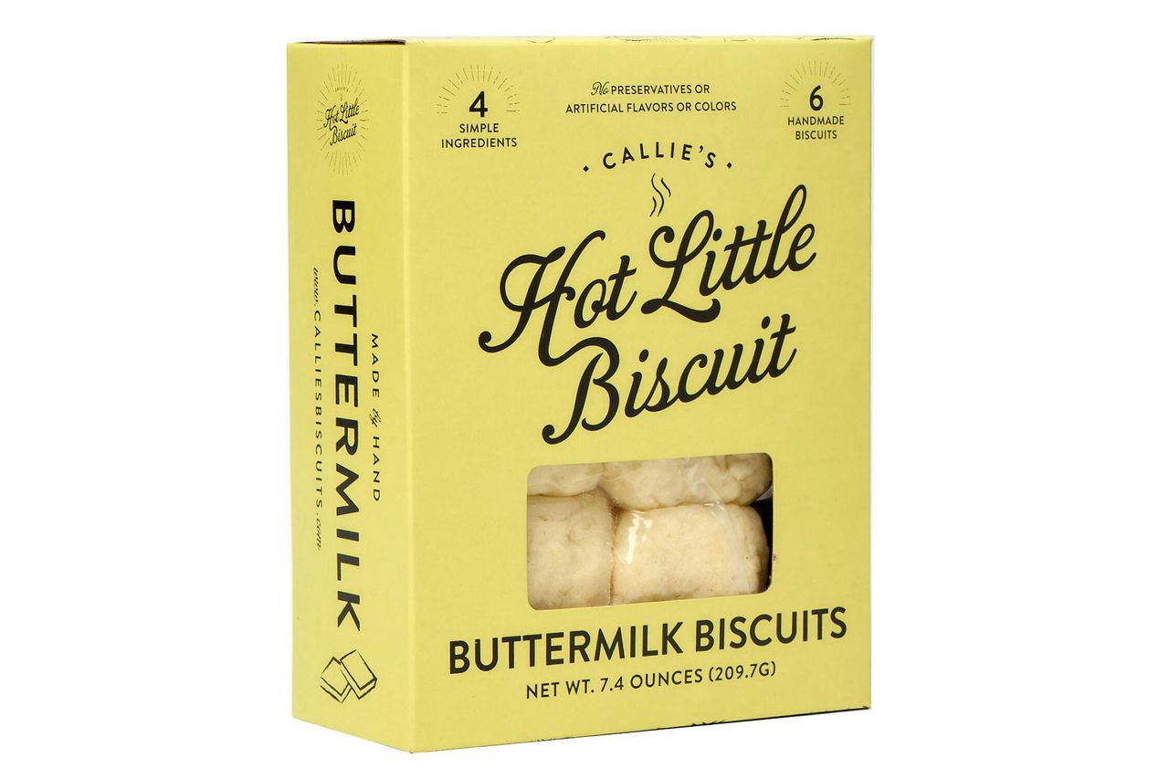 Callie's Hot Little Biscuit yellow box with unbaked biscuits
