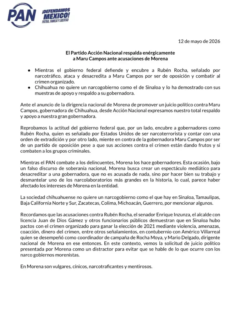 PAN respalda a Maru Campos ante acusaciones de Morena y denuncia 'doble ...