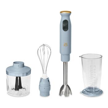 Hand blender set with attachments: chopper, whisk, and measuring cup, suitable for versatile kitchen use