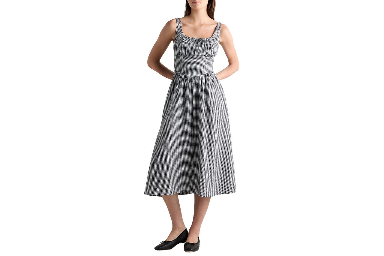 European Linen Corset Midi Dress Classic Mini Gingham