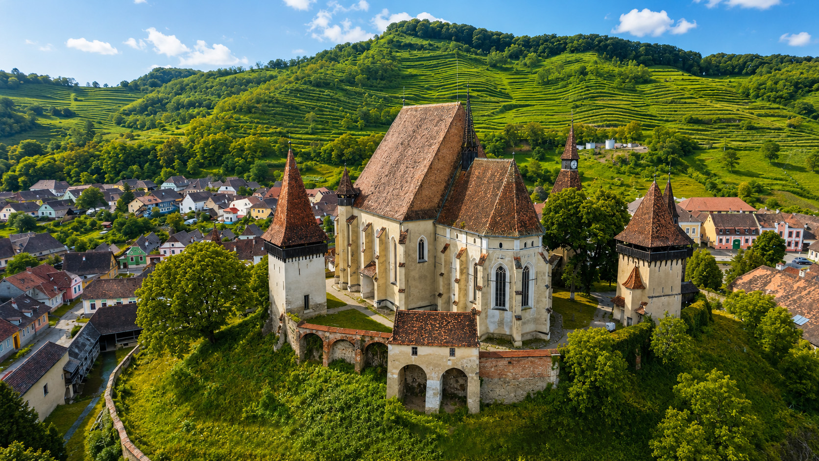 Biertan’s medieval fortified church rising above Transylvania