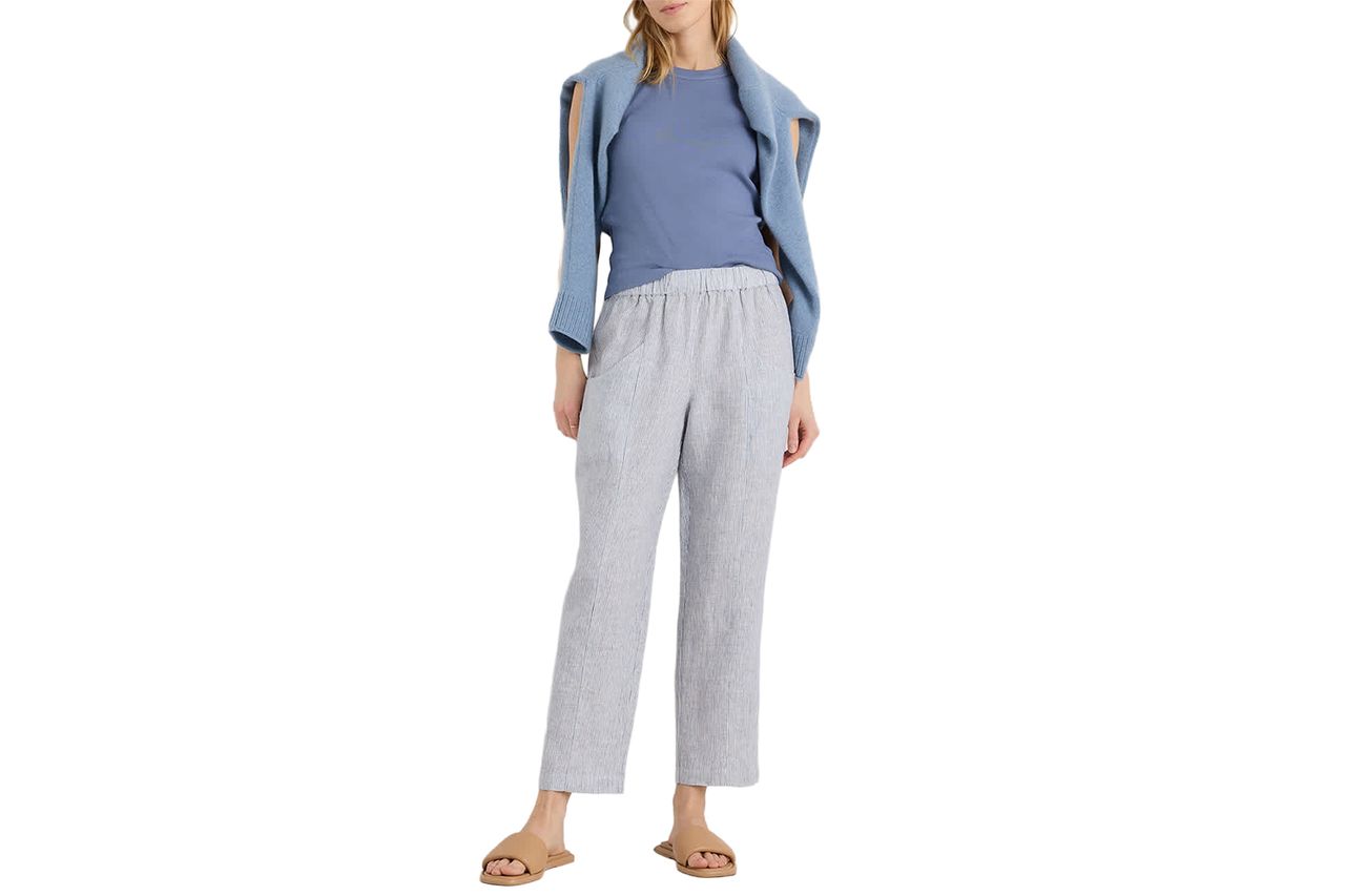 European Linen Tapered Ankle Pants Blue Pinstripe