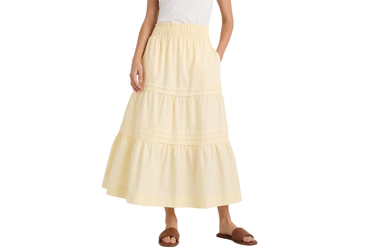 Organic Cotton Poplin Tiered Maxi Skirt Pale Custard Yellow