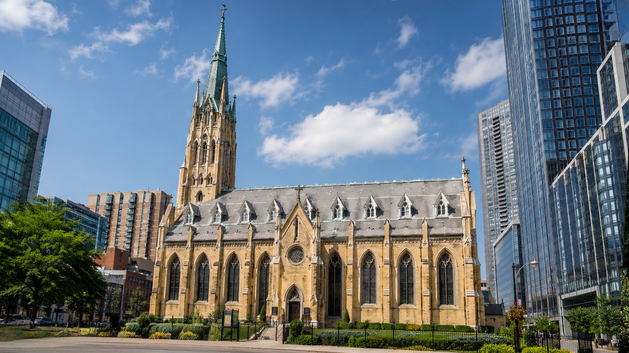 St Michael’s Cathedral rising between modern city towers