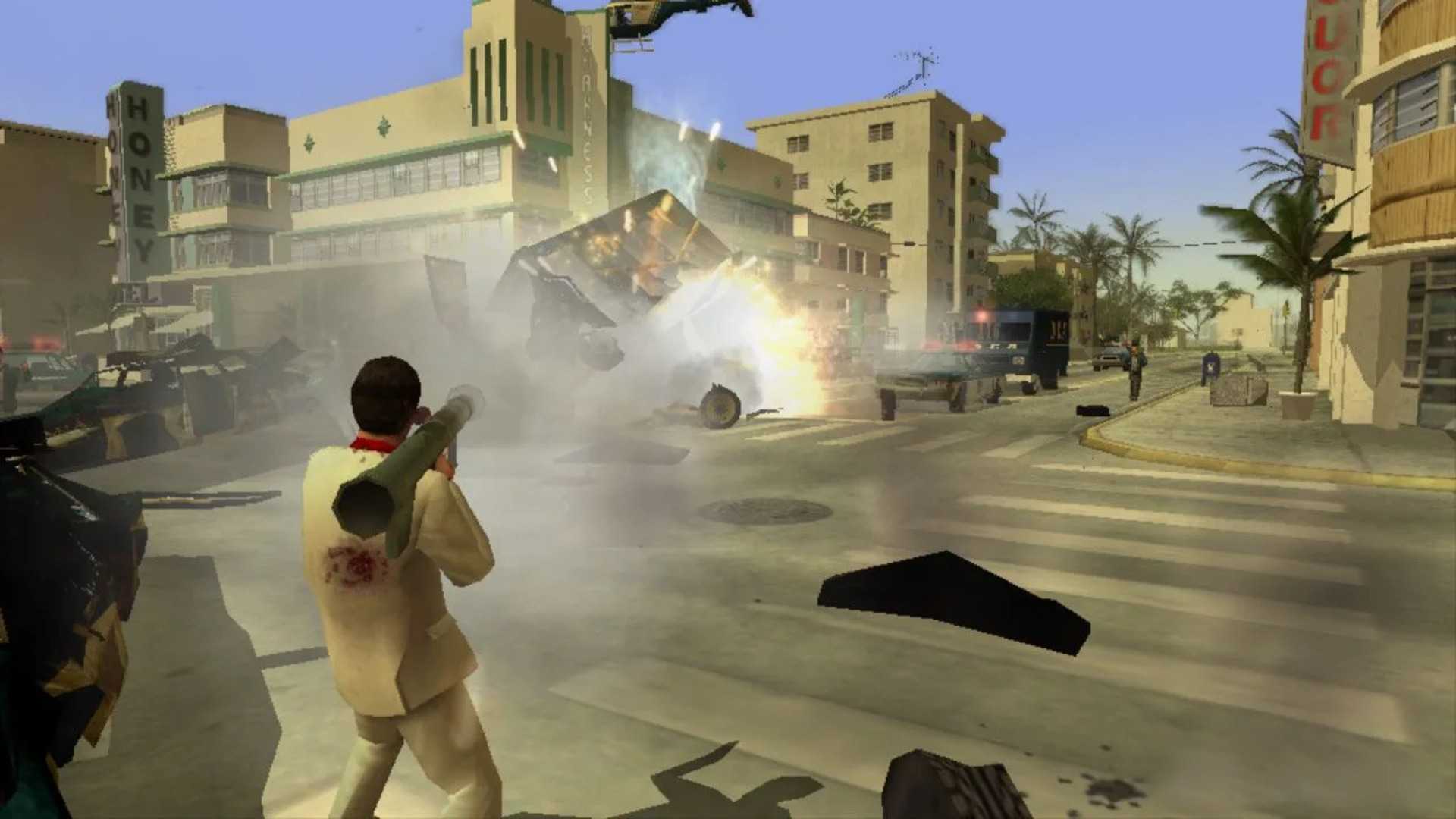Tony firing a rocket launcher in Scarface The World Is Yours