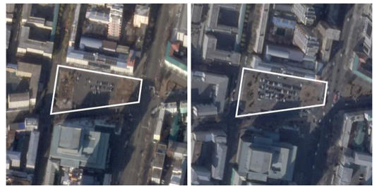 El 5 de enero de 2024 (izquierda), no era difícil encontrar aparcamiento cerca del Hotel Taedonggang en Pyongyang, según muestran imágenes satelitales. Sin embargo, para el 28 de enero de este año (derecha), encontrar un lugar para estacionar habría sido mucho más complicado, y el tráfico en las calles aledañas era notablemente más denso.