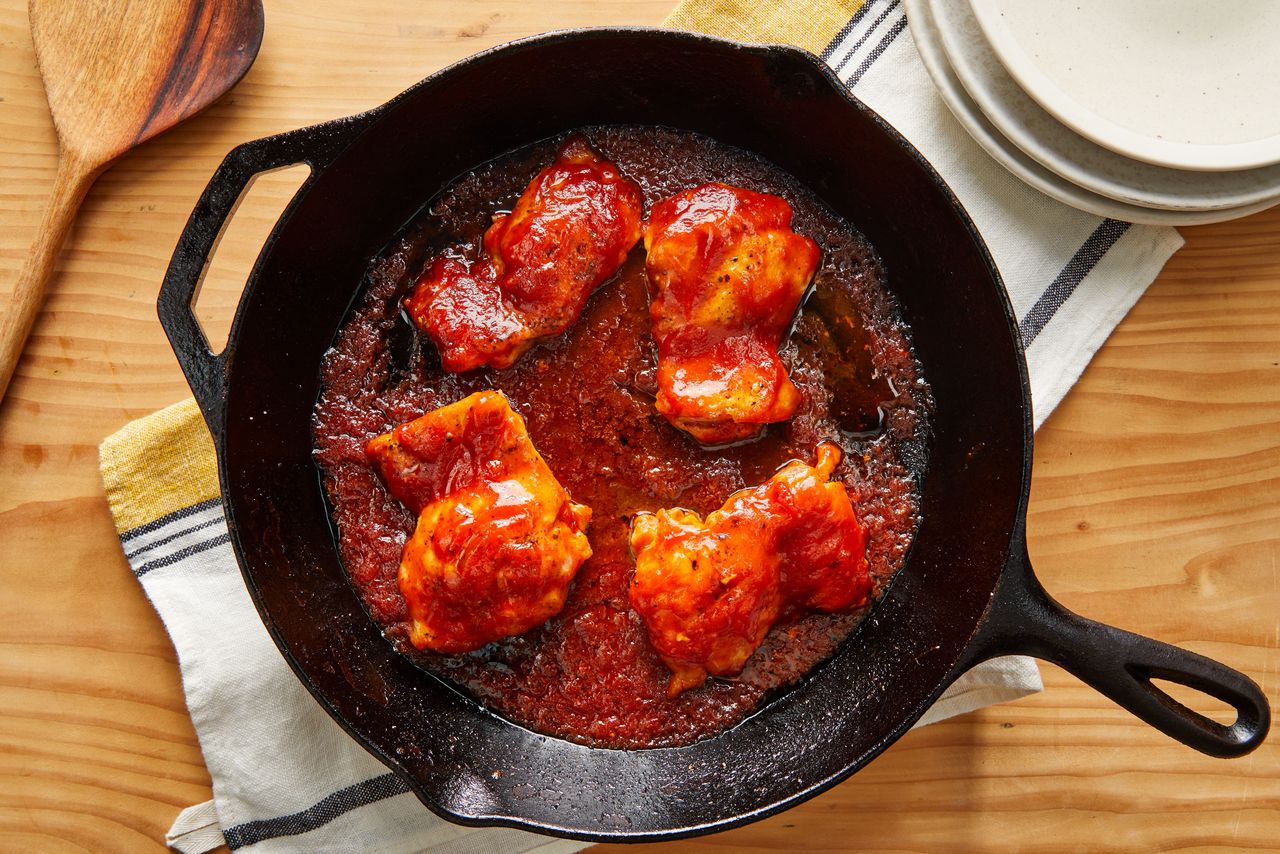 Southern Living Skillet BBQ Chicken in the pan to serve