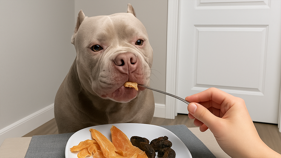 Dog being fed treat at the table
