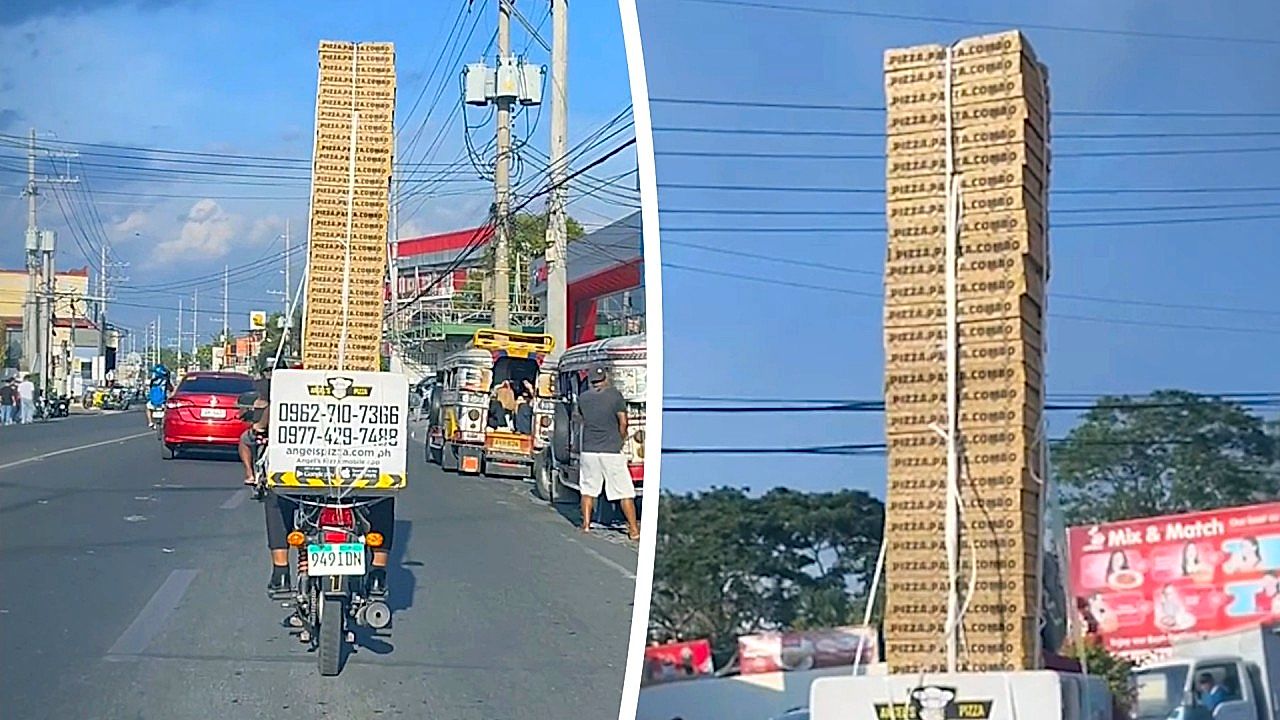 'Tower of Pizza' rolls through the Philippines on a motorbike