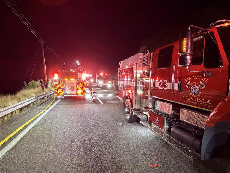 One dead after vehicle plunges down embankment, catches fire in East County