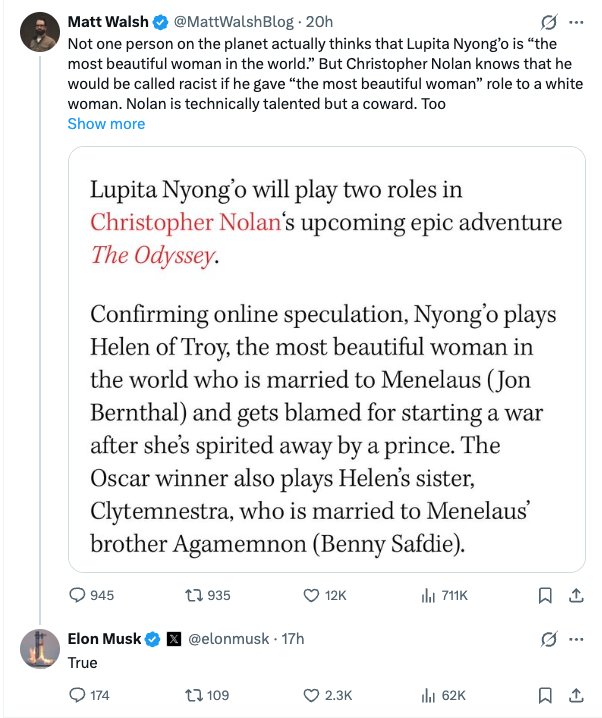 Elon Musk has shared his criticisms of Lupita Nyongo's casting as Helen of Troy on X (X)