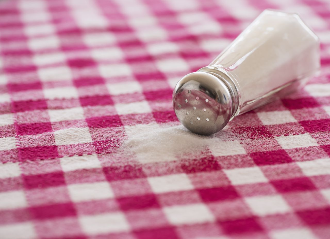 Salt shaker on checked tablecloth