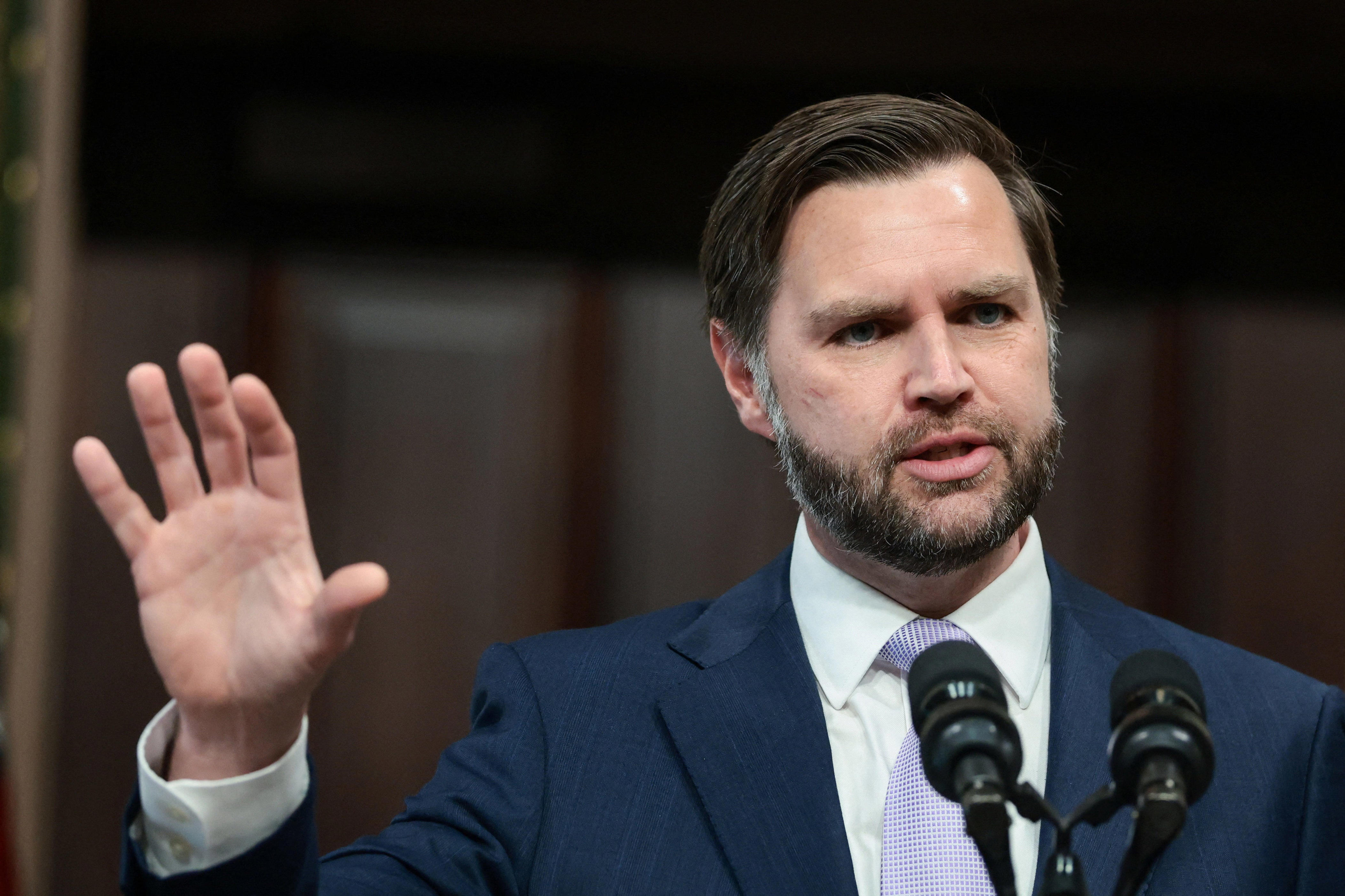Vice President JD Vance holds a press conference to discuss "anti-fraud initiatives" in the Indian Treaty Room at the White House complex in Washington, D.C., U.S., May 13, 2026.