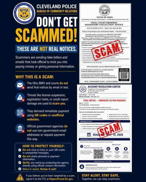 Cleveland police warn of fake collection and payments scams