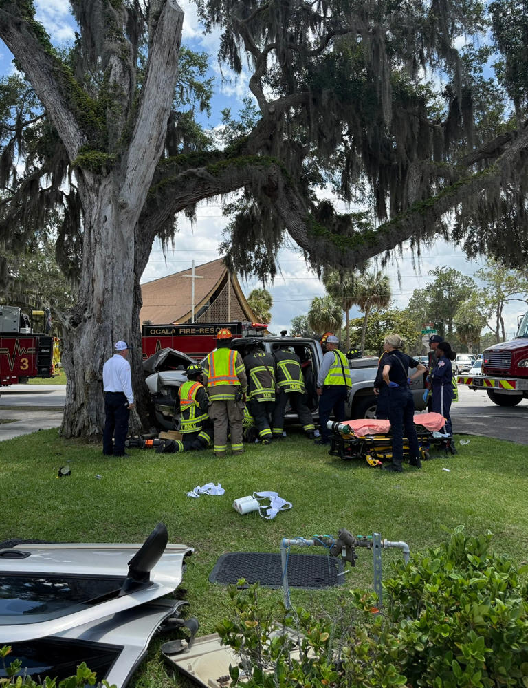 Driver trapped after pickup collides with tree in Ocala