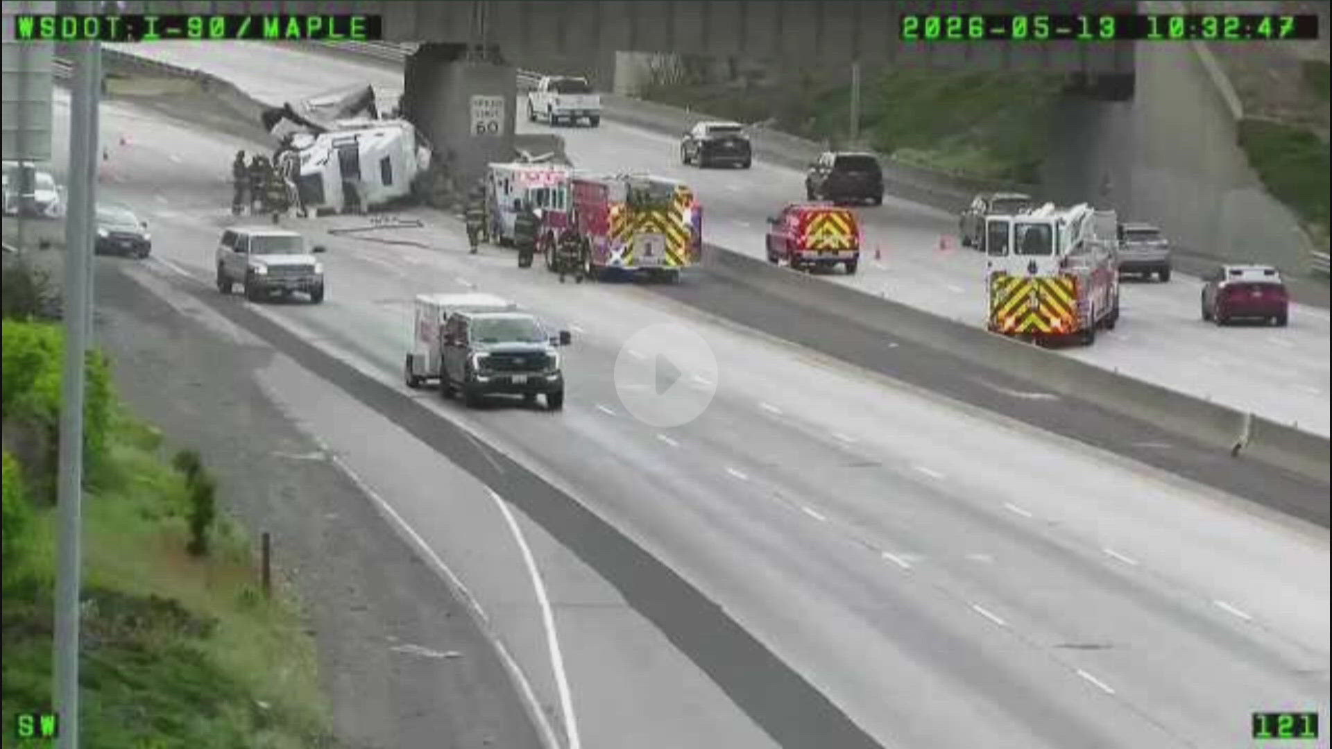 Semi truck flips over on I90 near Latah Creek Bridge