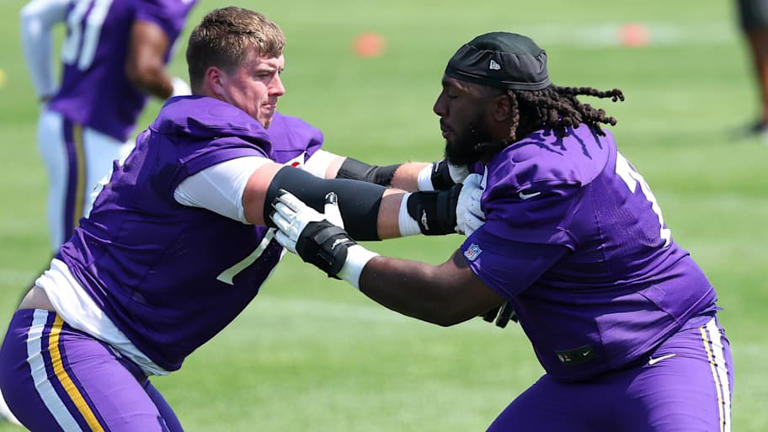 Jul 29, 2025; Eagan, MN, USA; Minnesota Vikings guard Donovan Jackson (74) and Minnesota Vikings guard Will Fries (76) takes part in drills during the teams training camp at the Minnesota Vikings Training Facility. | Matt Krohn-Imagn Images