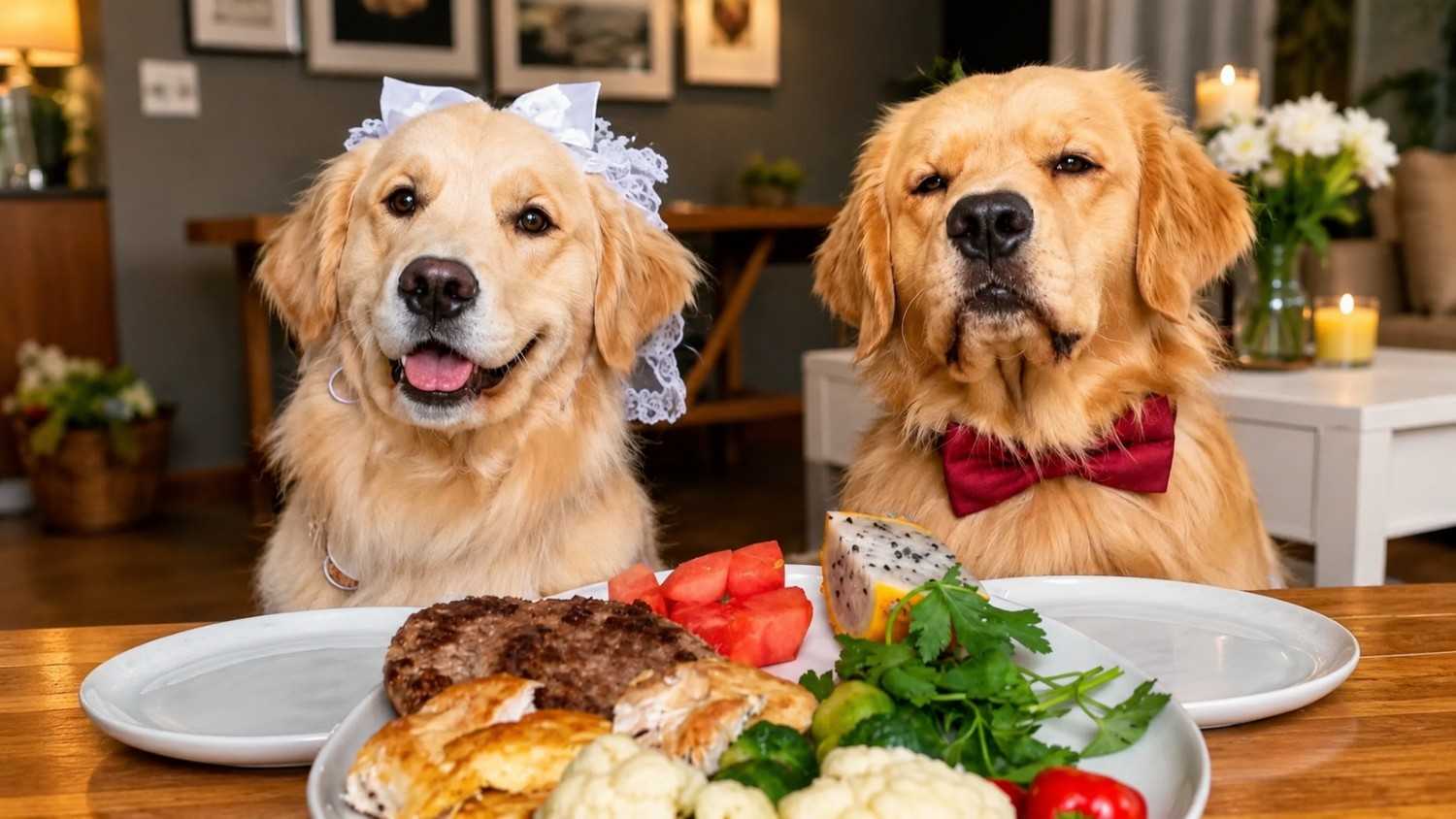 Golden retriever couple judges fancy dinner
