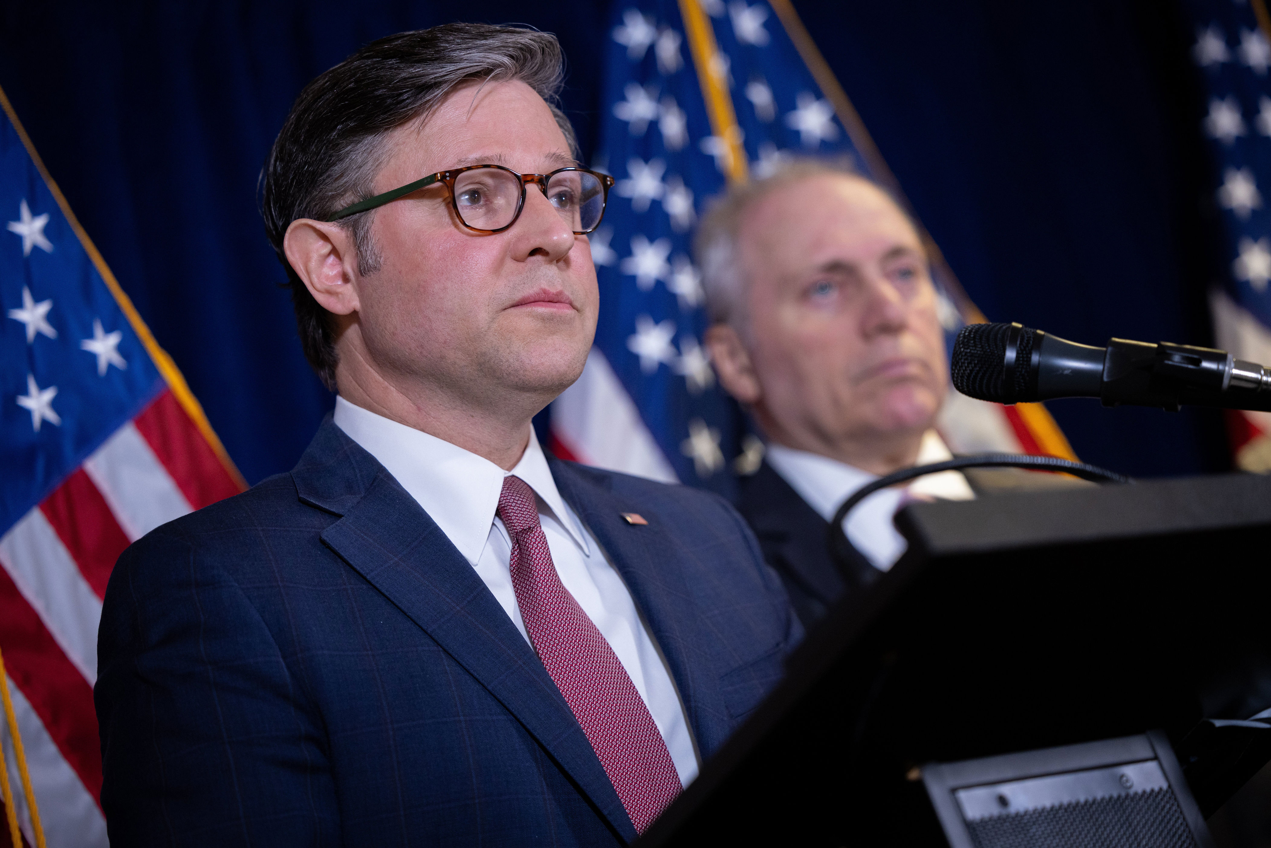 WASHINGTON, DC - MAY 13: Speaker of the House Mike Johnson (R-LA) speaks at a press conference with other members of House Republican leadership at the Republican National Committee headquarters in Washington, DC on May 13, 2026. (Photo by Nathan Posner/Anadolu via Getty Images) (Photo: Anadolu via Getty Images)