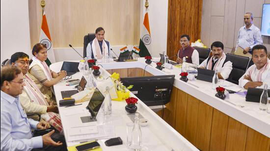 Assam CM Himanta Biswa Sarma during the first cabinet meeting of the new government on Wednesday.