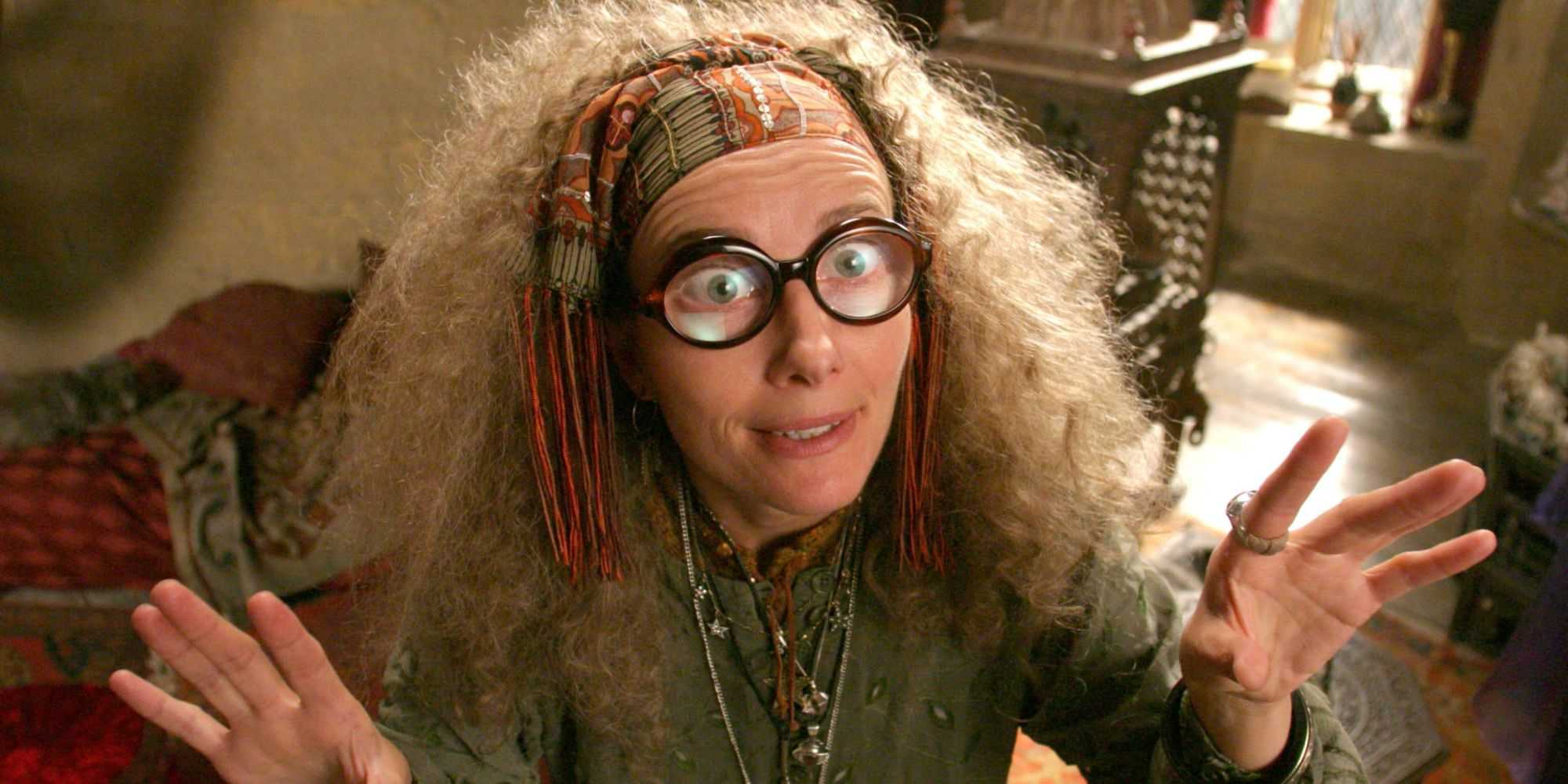 Emma Thompson as a wide-eyed Professor Trelawney in Harry Potter