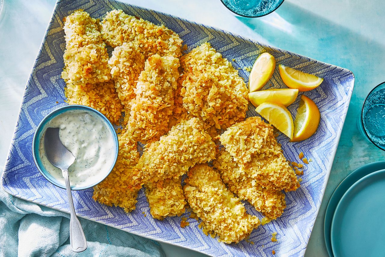 Southern Living Potato Chip Fish Sticks on serving tray with tartar sauce